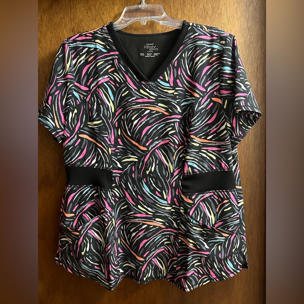 Black With Multi Colored Pattern Scrub Top - image 1